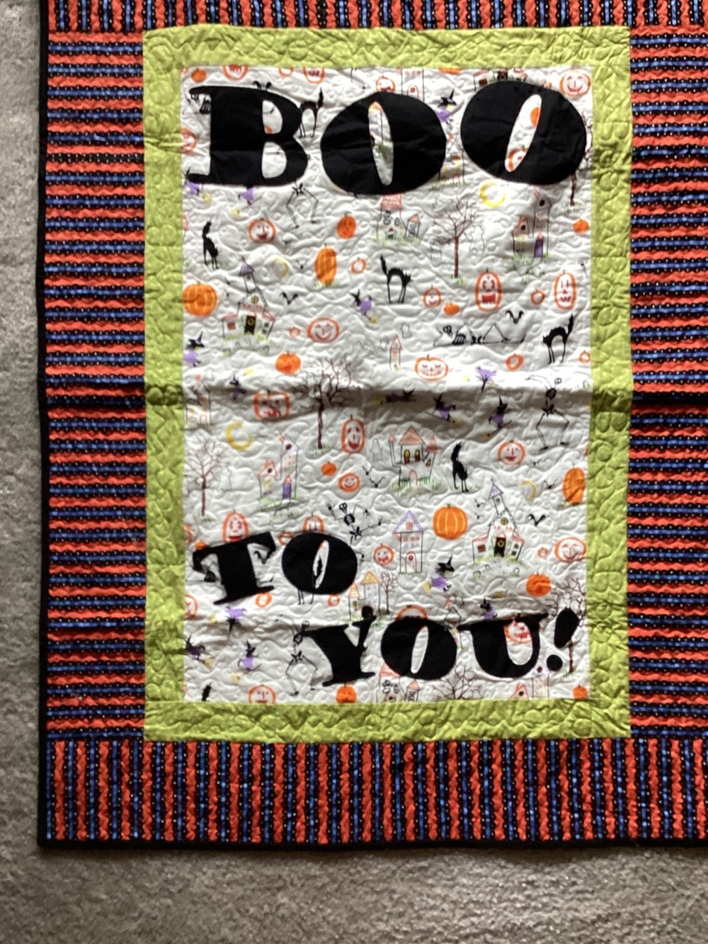 Handmade Halloween Quilted Baby Sized Blanket - Lime Green & Orange "BOO TO YOU!